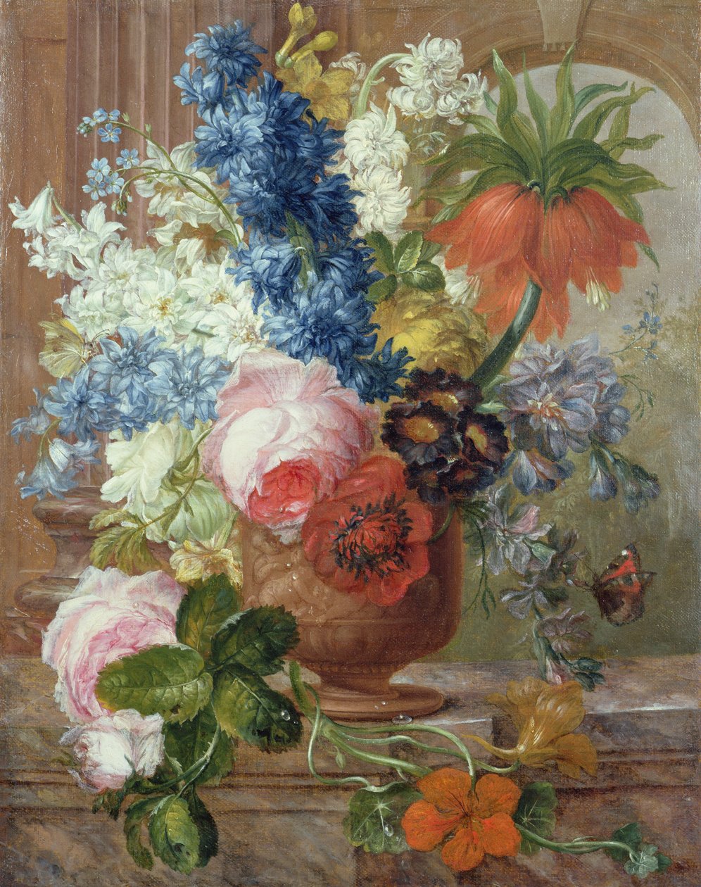 Rózsák, delphiniumok, kökörcsin, nasturtium és egy birodalmi liliom faragott urnában, márványpárkányon (olaj, vászon) alkotó: Gerard van (after) Spaendonck