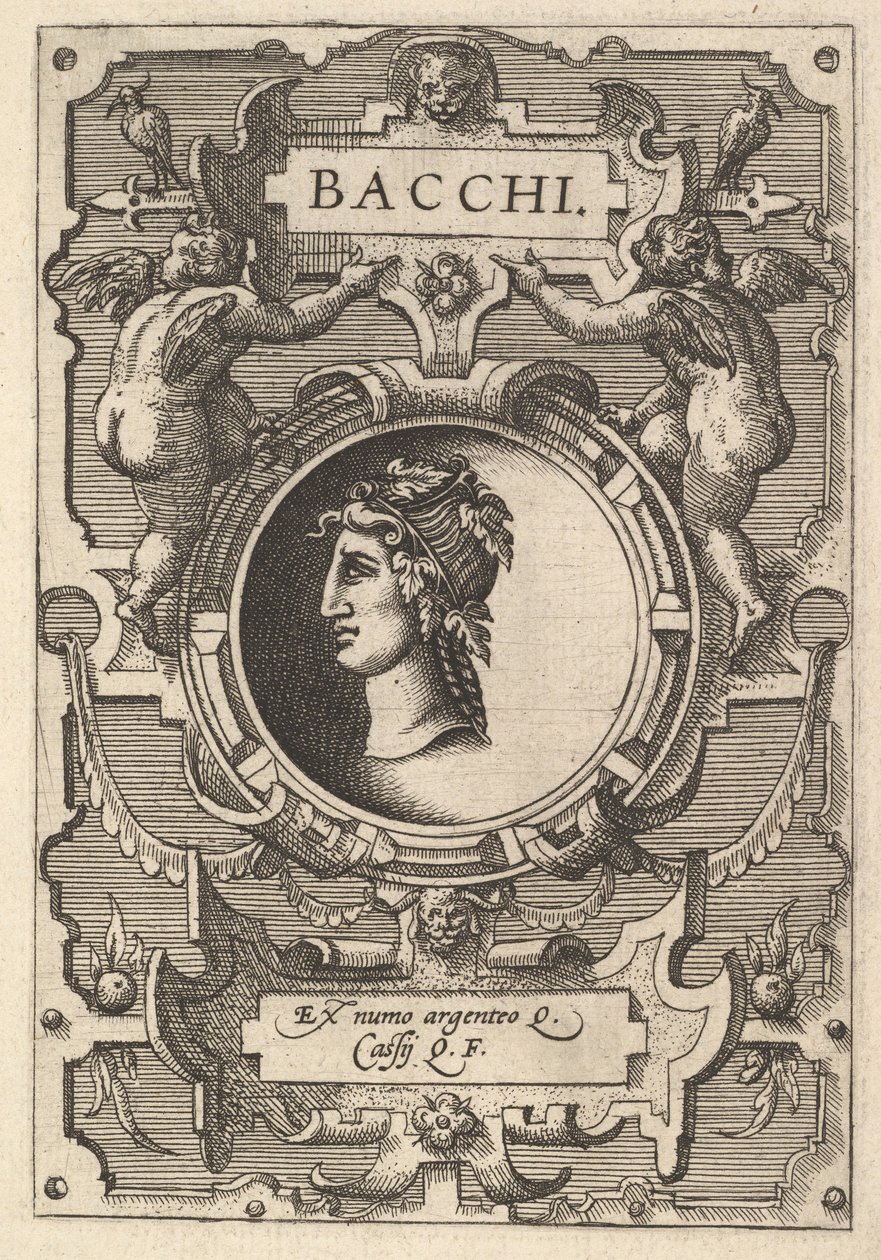 Bacchus mellszobra pántokkal körülvéve, a Deorum dearumque sorozatból, egy képsorozat, 1573 alkotó: Gerard van Groeningen