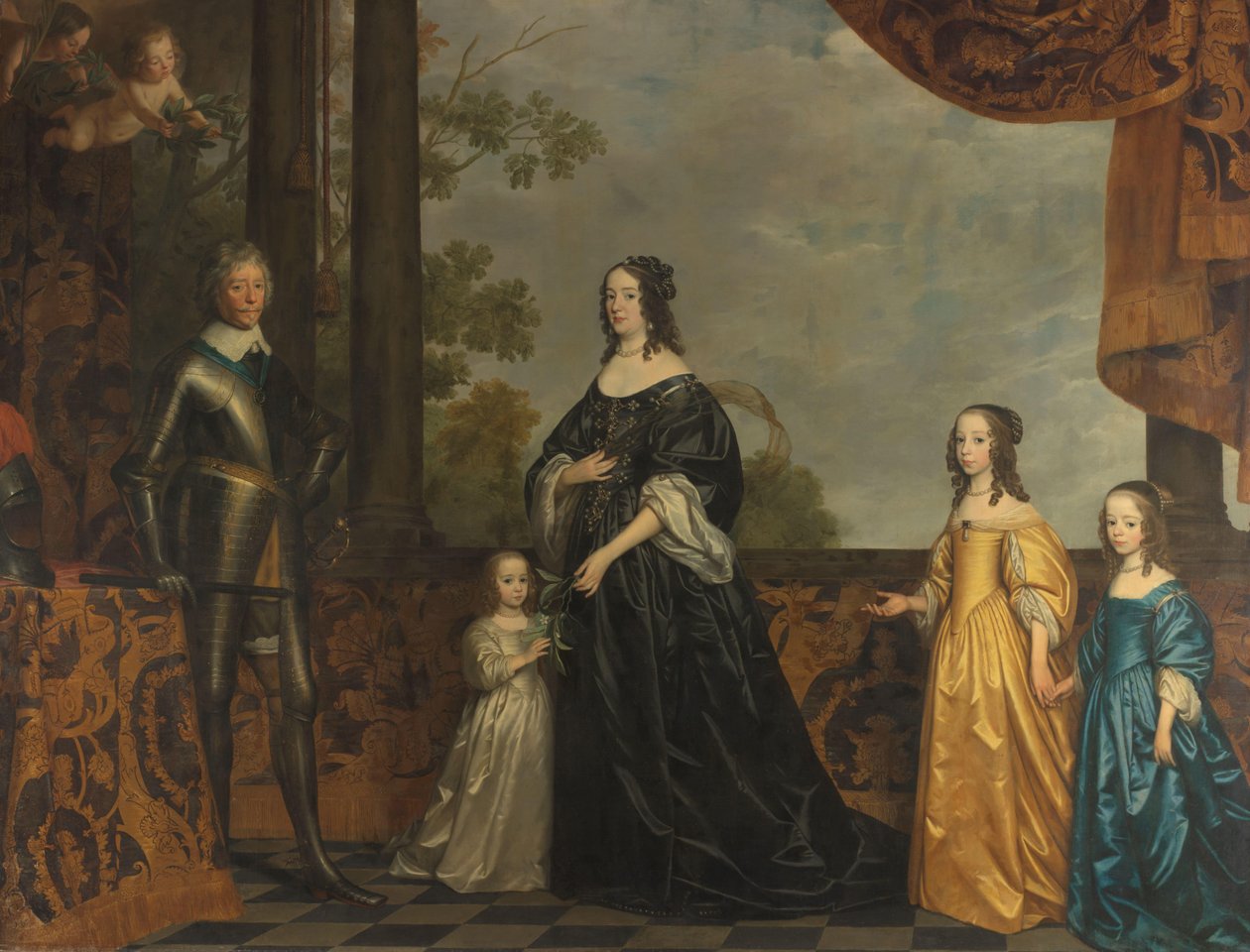 Frederick Henry, hitvese, Amalia of Solms, és három legfiatalabb lányuk Frederik Hendrik (1584-1647), Orange hercege, felesége, Amalia van Solms (1602-1675) és három legfiatalabb lányuk, Albertina Agnes (1634-1696), Henrietta Ca portréja alkotó: Gerard van Honthorst