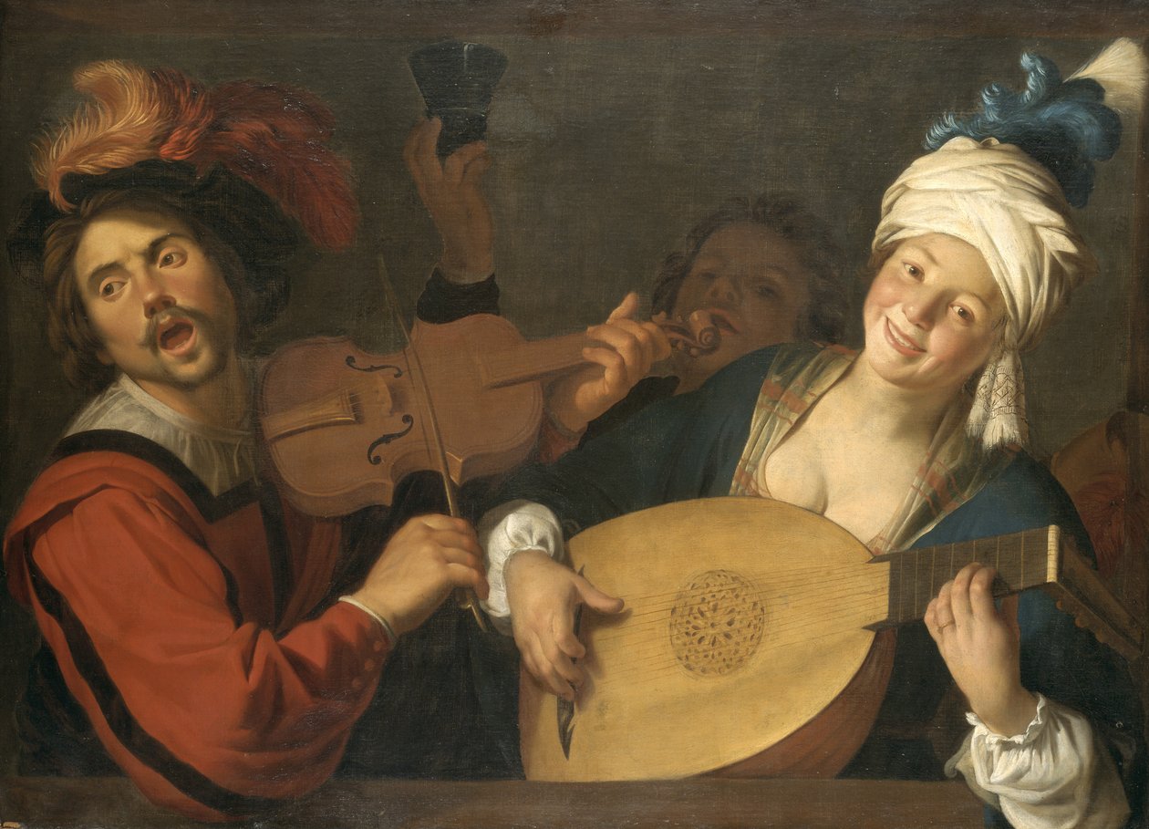 Franciául:  Le Concert Pár zenél egy korlát mögött alkotó: Gerard van Honthorst