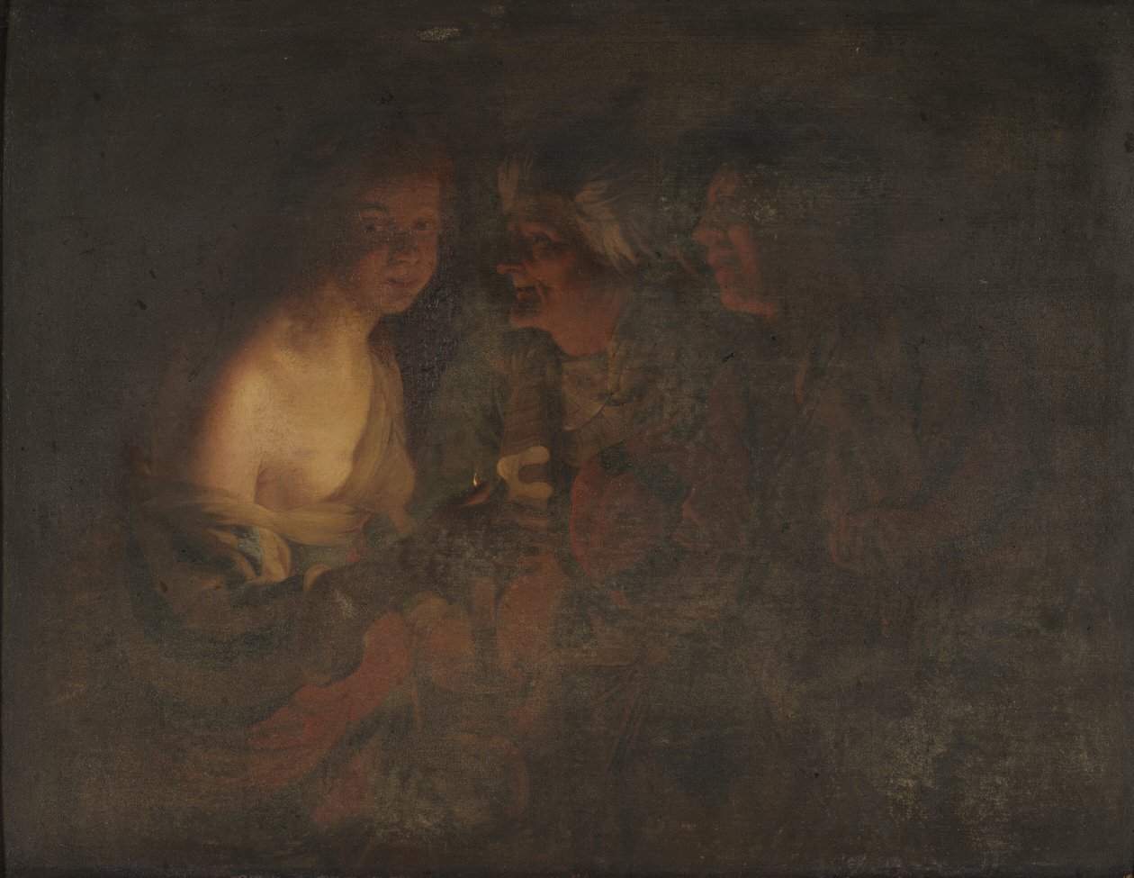 Fiatal nő gyertyatartóval, öregasszony és hegedűs alkotó: Gerard van Honthorst