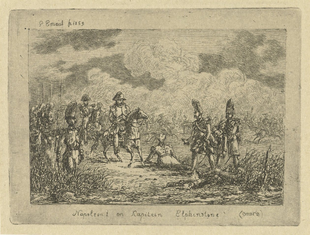 Napóleon elesett katonákkal I. Napóleon és Elphinstone kapitány (Omera) (cím a tárgyon) alkotó: Gerardus Emaus de Micault