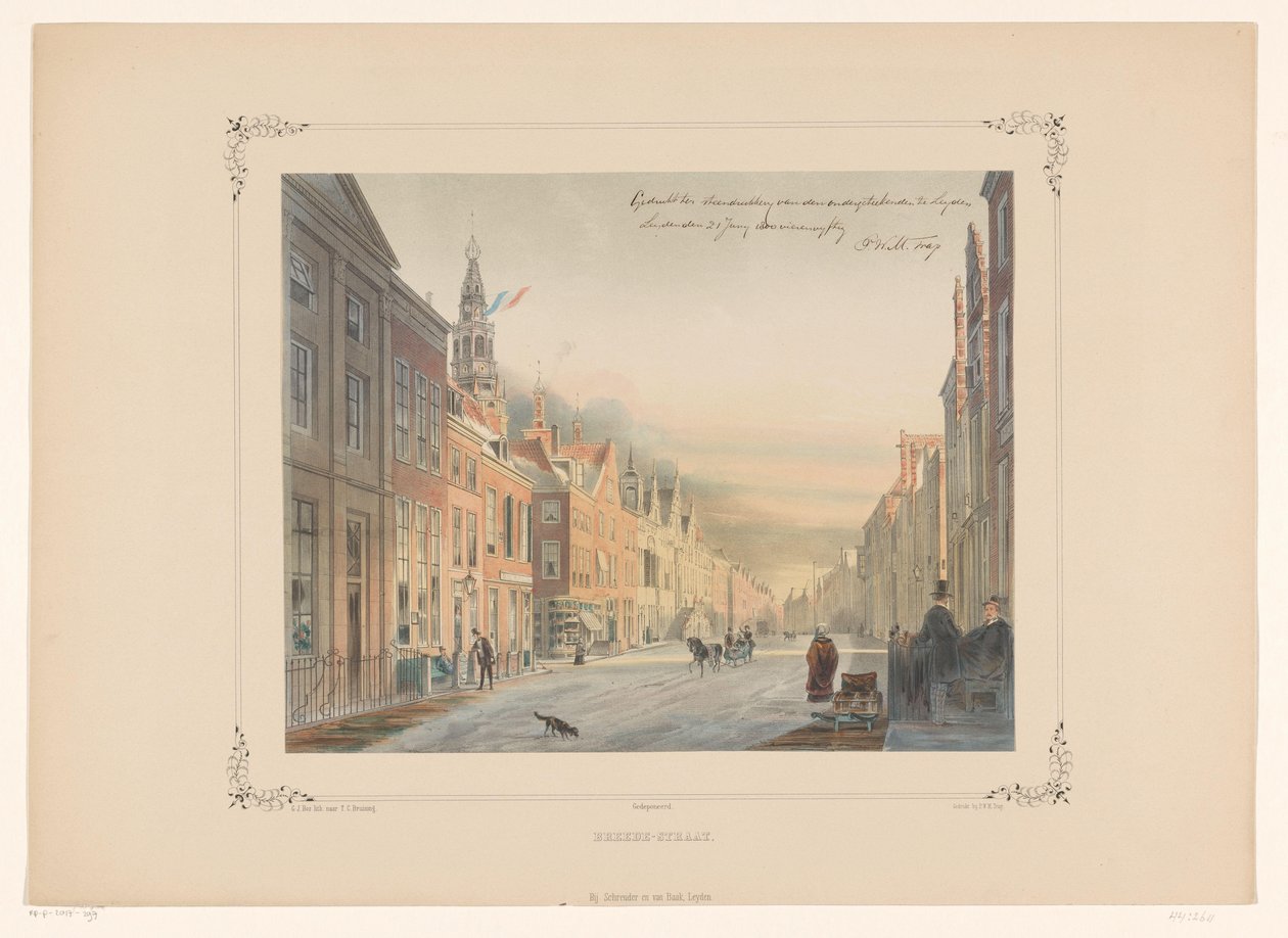 Kilátás a Breestraat-ra Leidenben Bredestraat (cím az objektumon) alkotó: Gerardus Johannes Bos
