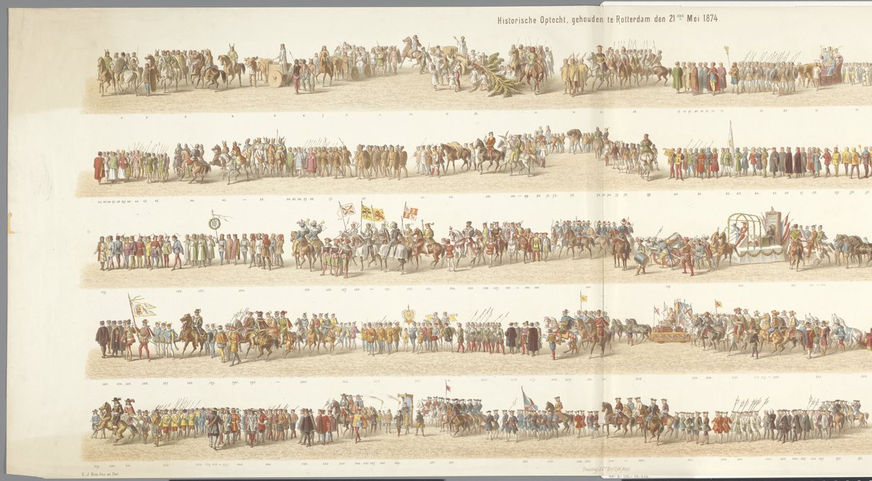 Történelmi felvonulás Rotterdamban Történelmi körmenet, Rotterdamban, 1874. május 21-én (cím a tárgyon) alkotó: Gerardus Johannes Bos