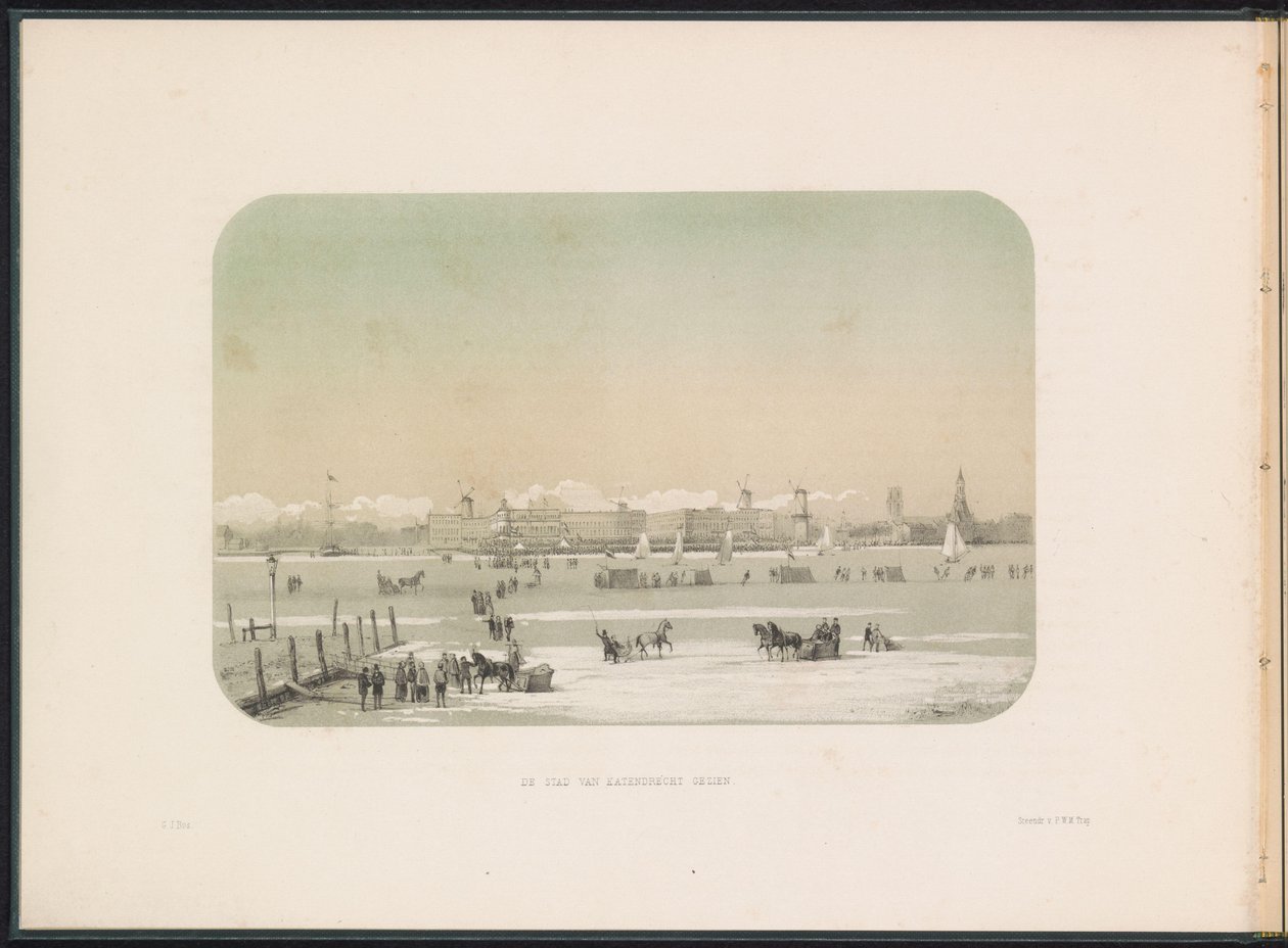 Jégszórakozás a rotterdami Maason, Katendrechtből nézve, 1855 Katendrecht városa látható (cím a tárgyon) Jégszórakozás a rotterdami Maason 1855 februárjában, feliratokkal (a sorozat címe a tárgyon) alkotó: Gerardus Johannes Bos