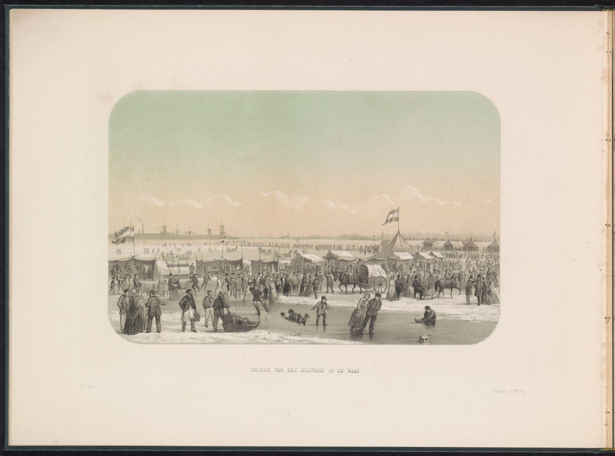 Jégszórakozás a rotterdami Maason, az erődből nézve, 1855 Kilátás a Maas-i erődre (cím az objektumon) Jégszórakozás a rotterdami Maason 1855 februárjában, feliratokkal (a sorozat címe a tárgyon) alkotó: Gerardus Johannes Bos