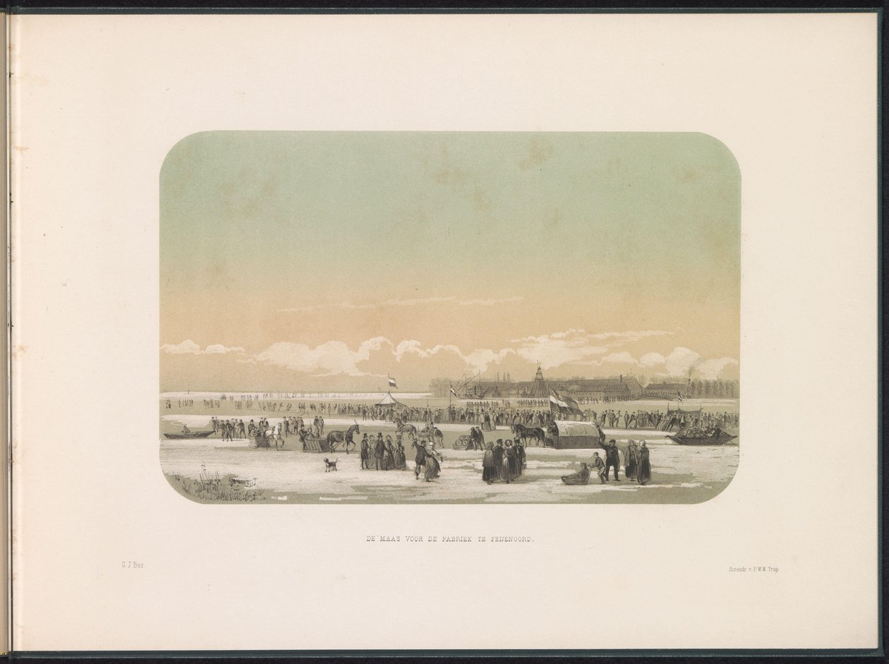 Jégszórakozás a rotterdami Maason, a távolban a feijenoordi gyár, 1855 A Maas a feijenoordi gyár előtt (cím a tárgyon) Jégszórakozás a rotterdami Maason 1855 februárjában, feliratokkal (a sorozat címe a tárgyon) alkotó: Gerardus Johannes Bos