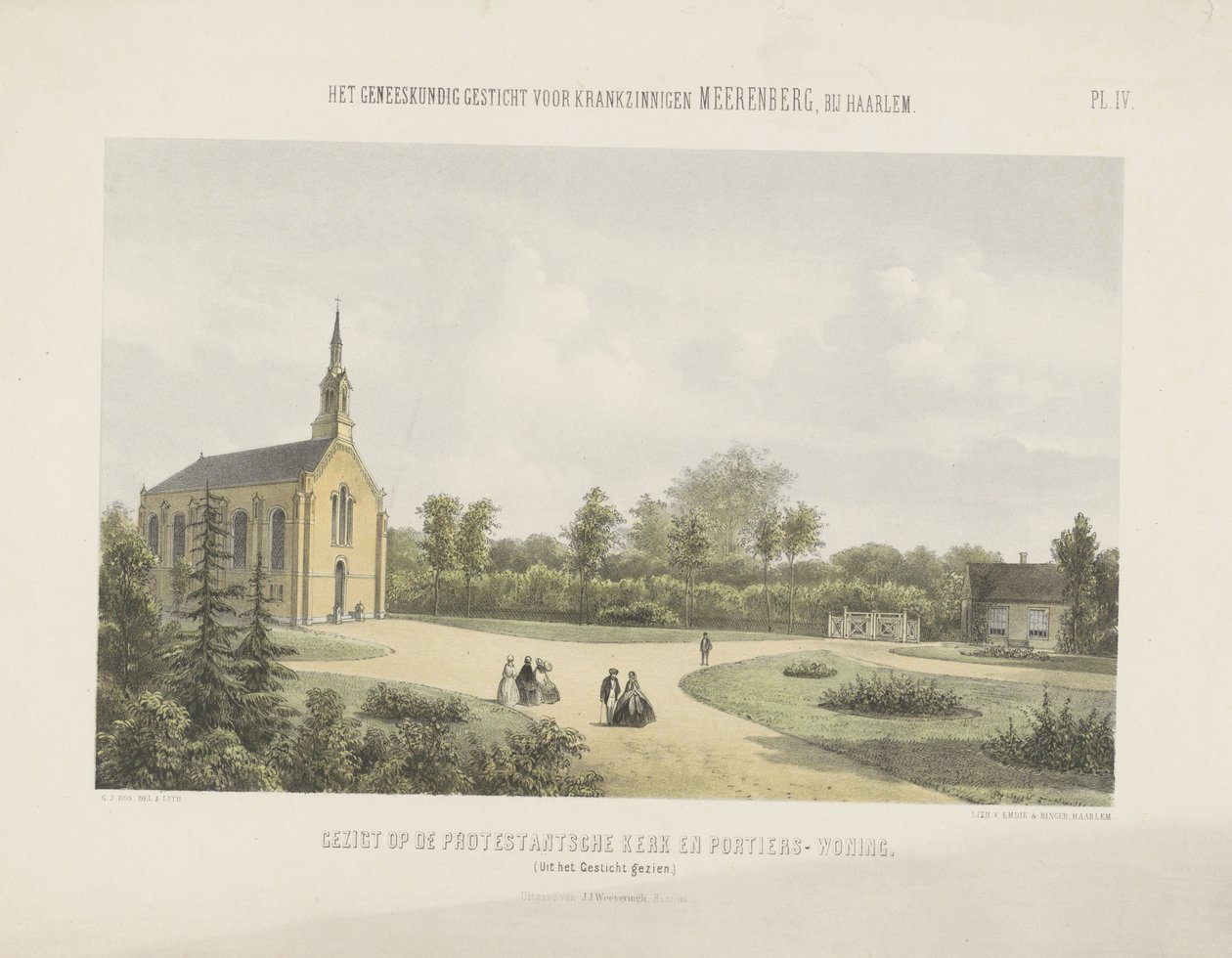 Templom és portásház a Meerenberg mögött Kilátás a protestáns templomra és a portásházra (cím a tárgyon) Az őrült Meerenberg orvosi menedékháza Haarlem közelében (a sorozat címe a tárgyon) alkotó: Gerardus Johannes Bos
