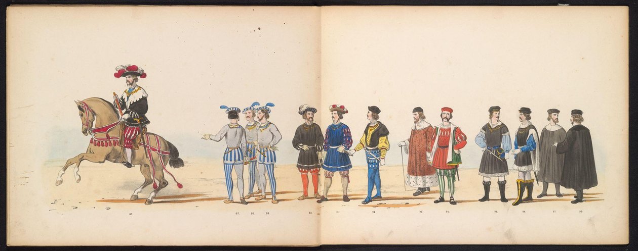 A leideni diákok maskara, 1855 (11. tábla) A Leidsche Hoogeschool 280. évfordulója alkalmából 1855. június 12-én, a Leidsche Hoogeschool fennállásának 280. évfordulója alkalmából rendezett jelmezes felvonulás, amely Karel V. bin belépését ábrázolja. alkotó: Gerardus Johannes Bos