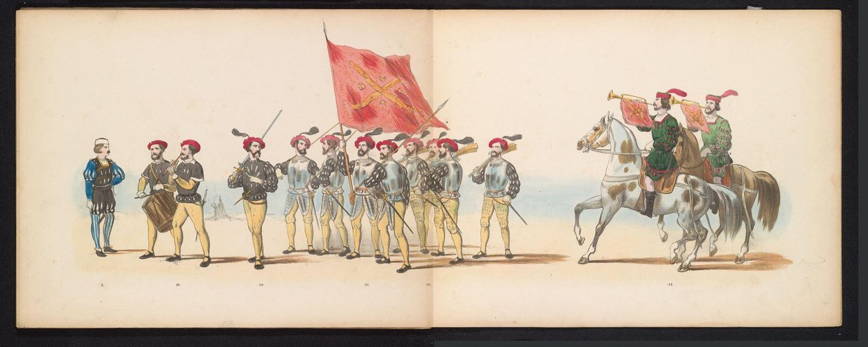 A leideni diákok maskara, 1855 (12. tábla) A Leidsche Hoogeschool 280. évfordulója alkalmából 1855. június 12-én, a Leidsche Hoogeschool fennállásának 280. évfordulója alkalmából rendezett jelmezes felvonulás, amely Karel V. bin belépését ábrázolja. alkotó: Gerardus Johannes Bos