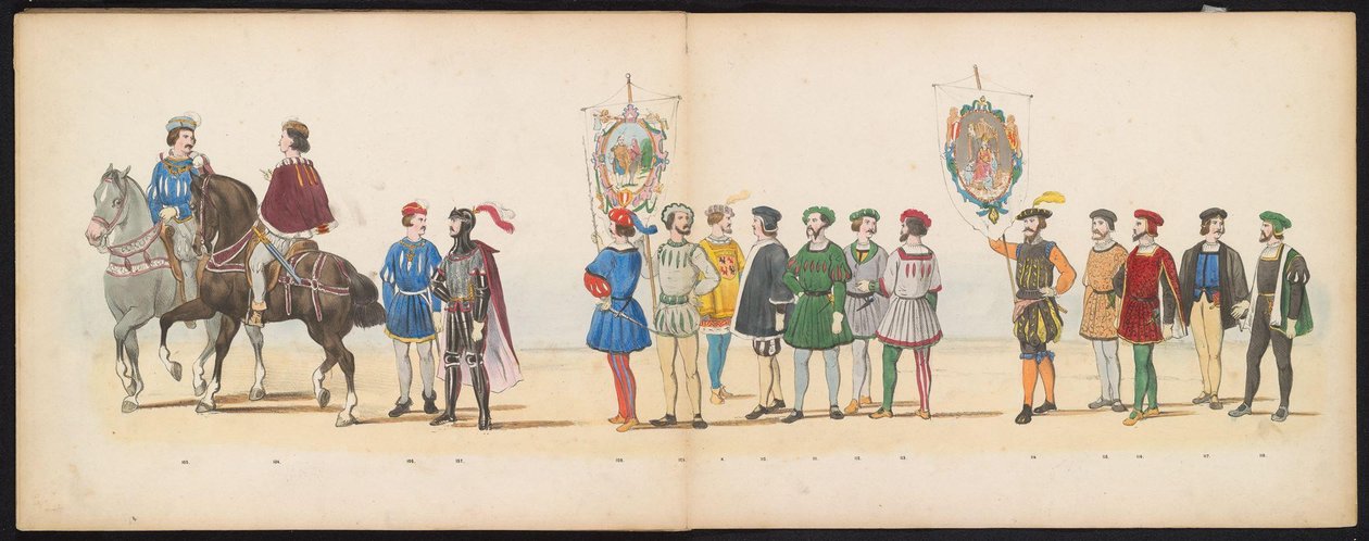 A leideni diákok maskara, 1855 (13. tábla) A Leidsche Hoogeschool 280. évfordulója alkalmából 1855. június 12-én, a Leidsche Hoogeschool fennállásának 280. évfordulója alkalmából rendezett jelmezes felvonulás, amely Karel V. bin belépését ábrázolja. alkotó: Gerardus Johannes Bos