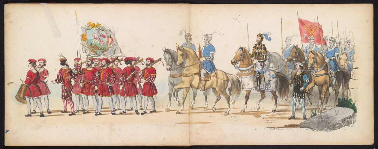 A leideni diákok maskara, 1855 (14. tábla) A Leidsche Hoogeschool 280. évfordulója alkalmából 1855. június 12-én, a Leidsche Hoogeschool fennállásának 280. évfordulója alkalmából rendezett jelmezes felvonulás, amely Karel V. bin belépését ábrázolja. alkotó: Gerardus Johannes Bos