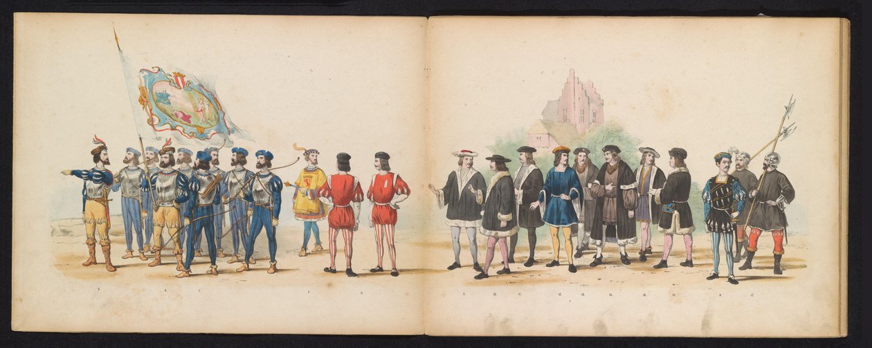 A leideni diákok maskara, 1855 (2. tábla) A Leidsche Hoogeschool fennállásának 280. évfordulója alkalmából rendezett jelmezes felvonulás, amelyet a leideni diáktestület tagjai tartottak 1855. június 12-én, V. Károly belépését ábrázolva. alkotó: Gerardus Johannes Bos