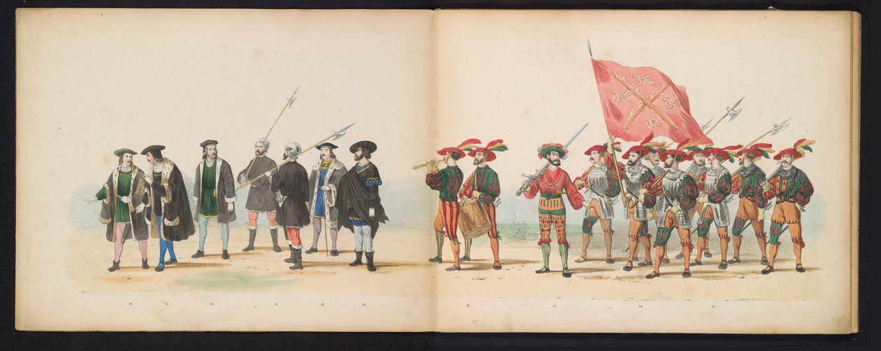 A leideni diákok maskara, 1855 (3. tábla) A Leidsche Hoogeschool fennállásának 280. évfordulója alkalmából rendezett jelmezes felvonulás, amelyet a leideni diáktestület tagjai tartottak 1855. június 12-én, V. Károly belépését ábrázolva. alkotó: Gerardus Johannes Bos