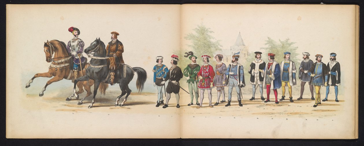 A leideni hallgatók maszkabálja, 1855 (4. tábla) A Leidsche Hoogeschool fennállásának 280. évfordulója alkalmából rendezett jelmezes felvonulás, amelyet a leideni diáktestület tagjai tartottak 1855. június 12-én, V. Károly belépését ábrázolva. alkotó: Gerardus Johannes Bos