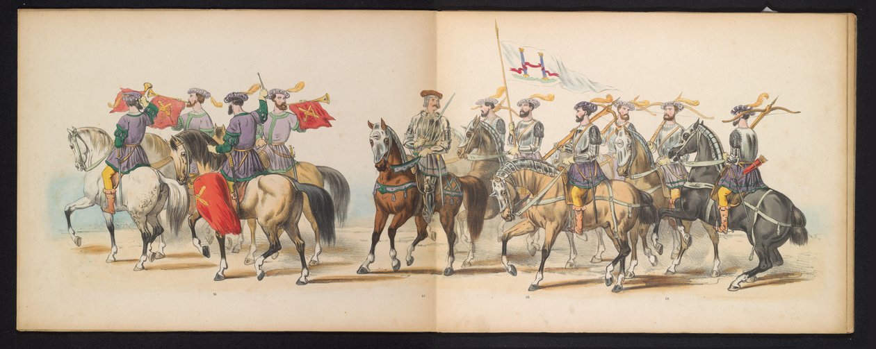 A leideni hallgatók maszkabálja, 1855 (6. tábla) A Leidsche Hoogeschool fennállásának 280. évfordulója alkalmából rendezett jelmezes felvonulás, amelyet a leideni diáktestület tagjai tartottak 1855. június 12-én, V. Károly belépését ábrázolva. alkotó: Gerardus Johannes Bos