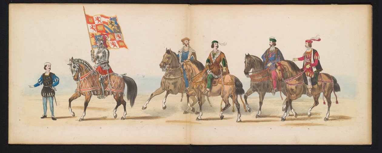 A leideni hallgatók maskarádéja, 1855 (7. tábla) A Leidsche Hoogeschool fennállásának 280. évfordulója alkalmából rendezett jelmezes felvonulás, amelyet a leideni diáktestület tagjai tartottak 1855. június 12-én, V. Károly belépését ábrázolva. alkotó: Gerardus Johannes Bos