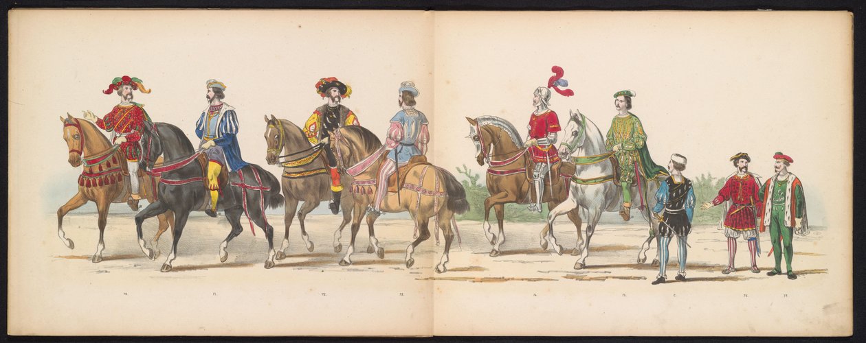 A leideni hallgatók maszkabálja, 1855 (9. tábla) A Leidsche Hoogeschool fennállásának 280. évfordulója alkalmából rendezett jelmezes felvonulás, amelyet a leideni diáktestület tagjai tartottak 1855. június 12-én, V. Károly belépését ábrázolva. alkotó: Gerardus Johannes Bos