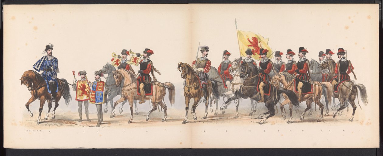 A leideni diákok maskara, 1870 (1. tábla) A Leidsche Hoogeschool 295. évfordulója alkalmából 1870. június 7-én, a Leidsche Hoogeschool fennállásának 295. évfordulója alkalmából megtartott jelmezes felvonulás a leideni diáktestület tagjai által, 1870. júniu alkotó: Gerardus Johannes Bos