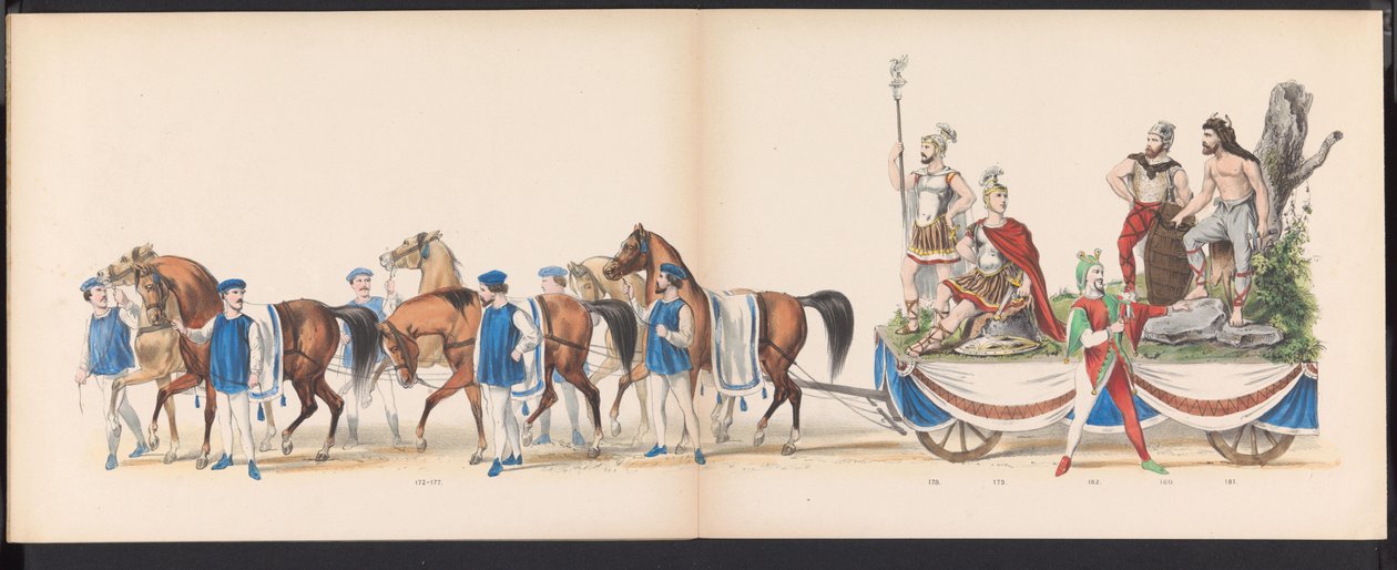 A leideni diákok álarca, 1870 (15. tábla) A Leidsche Hoogeschool 295. évfordulója alkalmából 1870. június 7-én, a Leidsche Hoogeschool fennállásának 295. évfordulója alkalmából megtartott jelmezes felvonulás a leideni diáktestület tagjai által, 1870. júniu alkotó: Gerardus Johannes Bos
