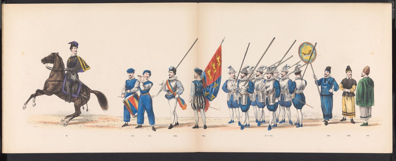 Maskerade van de Leidse studenten, 1870 (plaat 16) Gecostumeerde optogt gehouden door de leden van het Leidsche studentencorps den 7den Junij 1870, ter viering van den 295sten verjaardag der Leidsche Hoogeschool, voorstellende bezoek gebragt aan Leiden in  alkotó: Gerardus Johannes Bos
