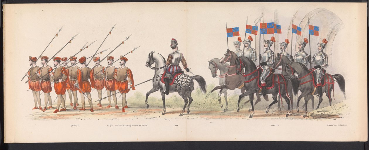 A leideni diákok maskara, 1870 (18. tábla) A Leidsche Hoogeschool 295. évfordulója alkalmából 1870. június 7-én, a Leidsche Hoogeschool fennállásának 295. évfordulója alkalmából megtartott jelmezes felvonulás a leideni diáktestület tagjai által, 1870. júni alkotó: Gerardus Johannes Bos