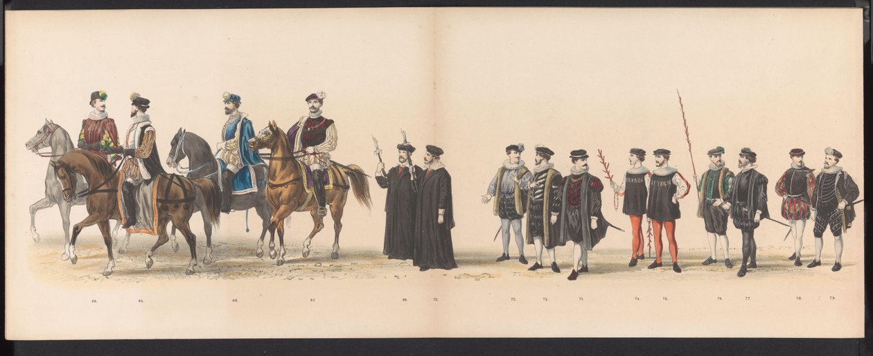 A leideni hallgatók maszkabálja, 1870 (6. tábla) A Leidsche Hoogeschool 295. évfordulója alkalmából 1870. június 7-én, a Leidsche Hoogeschool fennállásának 295. évfordulója alkalmából megtartott jelmezes felvonulás a leideni diáktestület tagjai által, 1870 alkotó: Gerardus Johannes Bos