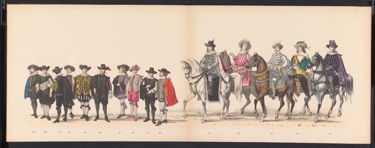 A leideni diákok álarca, 1875 (13. tábla) A Leidsche Hoogeschool 300. évfordulója alkalmából 1875. június 15-én a Leidsche Hoogeschool tagjai által tartott maskara, amely a Leidsche Hoogeschool-t ábrázolja. alkotó: Gerardus Johannes Bos