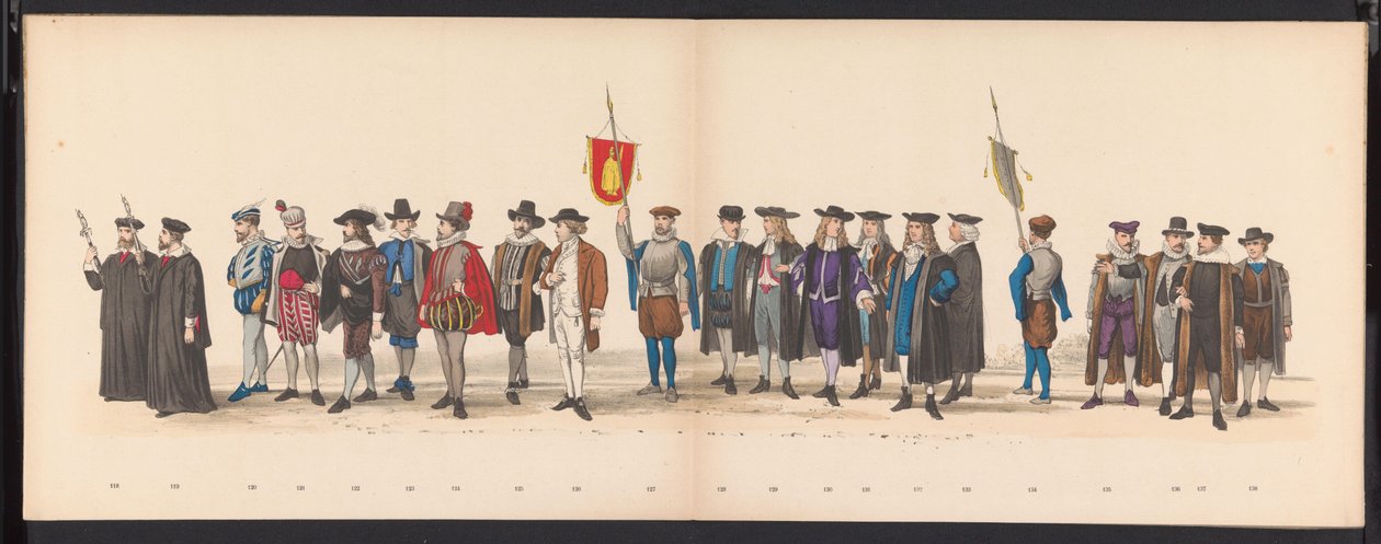 A leideni hallgatók maszkabálja, 1875 (8. tábla) A Leidsche Hoogeschool 300. évfordulója alkalmából 1875. június 15-én a Leidsche Hoogeschool tagjai által tartott maskara, amely a Leidsche Hoogeschool-t ábrázolja. alkotó: Gerardus Johannes Bos