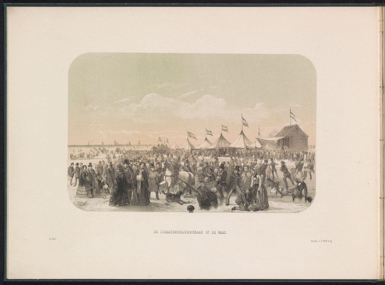 Korcsolyázás a Maas-on Rotterdamban, 1855 A Maas-korcsolyapálya (cím a tárgyon) Jégszórakozás a rotterdami Maason 1855 februárjában, feliratokkal (a sorozat címe a tárgyon) alkotó: Gerardus Johannes Bos