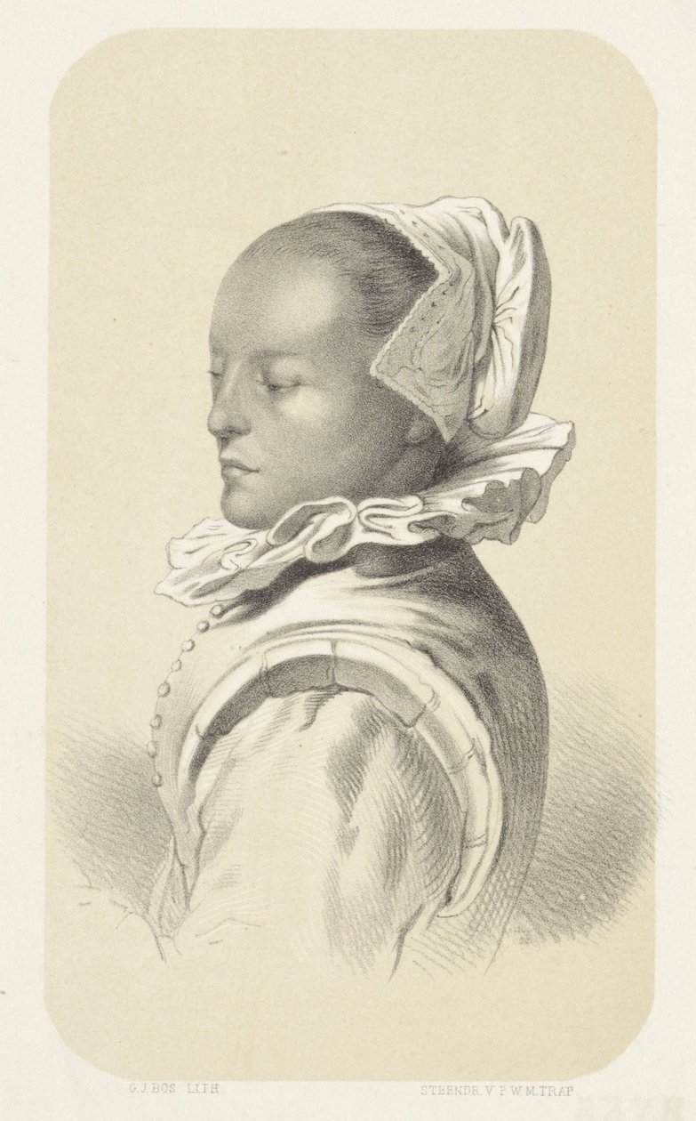 Nő fehér sapkával és gallérral alkotó: Gerardus Johannes Bos
