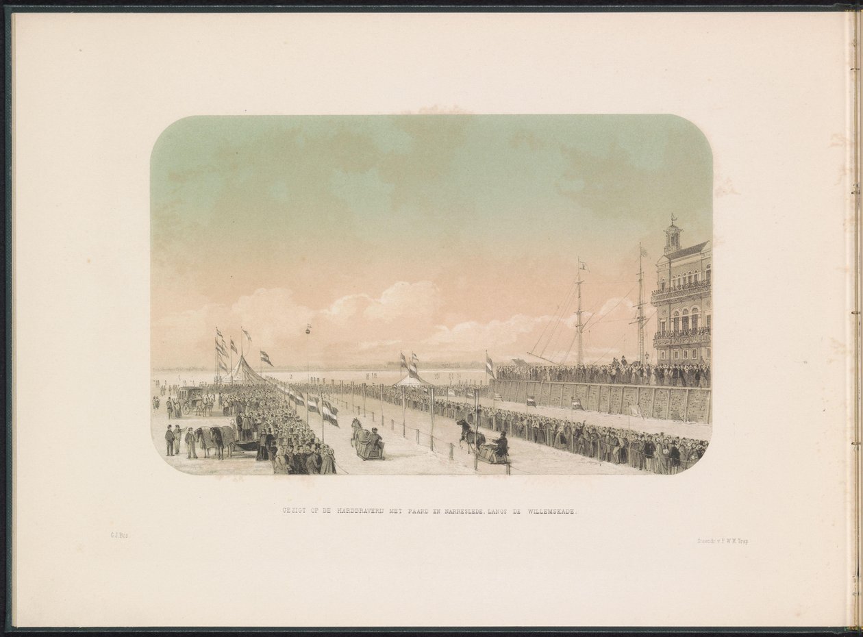 Verseny lovas kocsikért a Maason, Rotterdamban, 1855 Kilátás a hevederes versenyre lóval és bolond szánnal, a Willemskade mentén (cím a tárgyon) Jégszórakozás a rotterdami Maason 1855 februárjában, feliratokkal (a sorozat címe a tárgyon) alkotó: Gerardus Johannes Bos