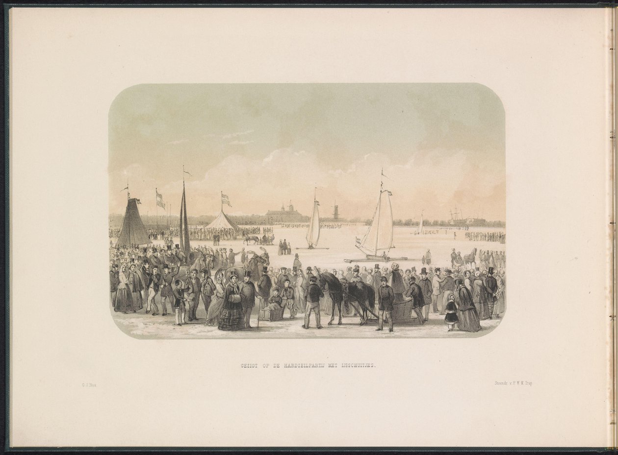 Jégvitorlás jachtok versenye a Maas-on Rotterdamban, 1855 Kilátás a keményvitorlás partira jégcsónakokkal (cím a tárgyon) Jégszórakozás a rotterdami Maason 1855 februárjában, feliratokkal (a sorozat címe a tárgyon) alkotó: Gerardus Johannes Bos