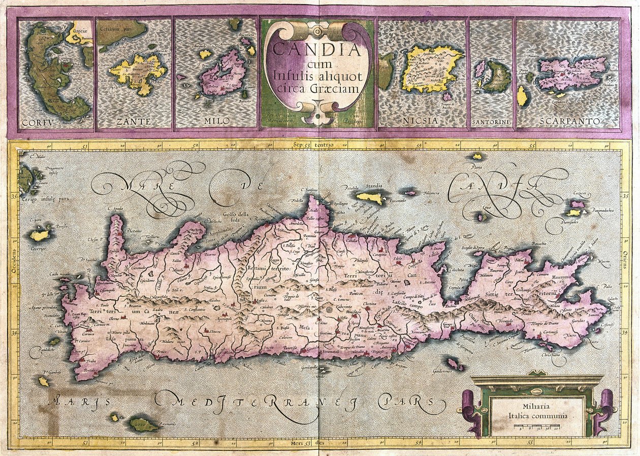 Ciprus és Görögország-szigetek (Korfu, Janante, Milo, Santorini, Carpotosh) (metszet) alkotó: Gerardus Mercator