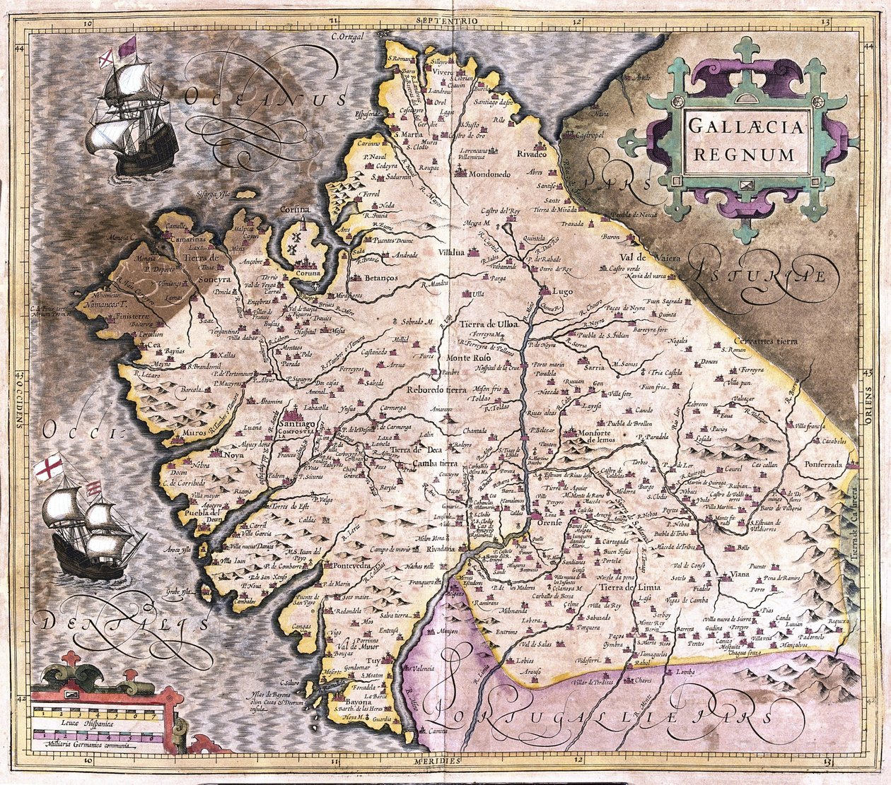 Galicia, Santiago de Compostela, Monforte de Lemos, Spanyolország északnyugati része (metszet alkotó: Gerardus Mercator