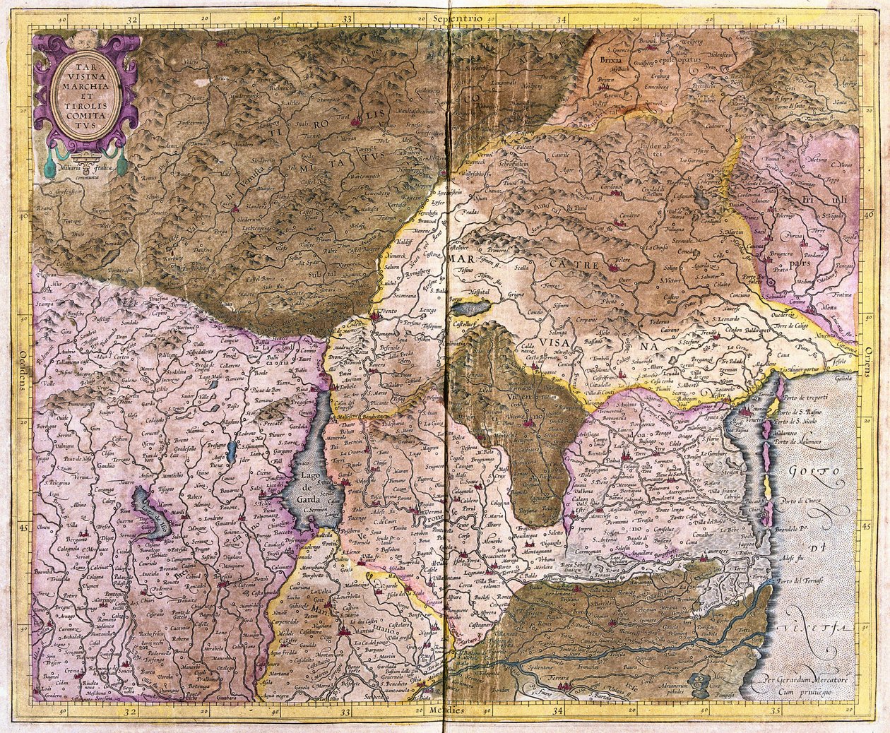 A Velencei-öböltől Tirolig, középpontjában a Lago di Garda és Verona, Olaszország (metszet alkotó: Gerardus Mercator