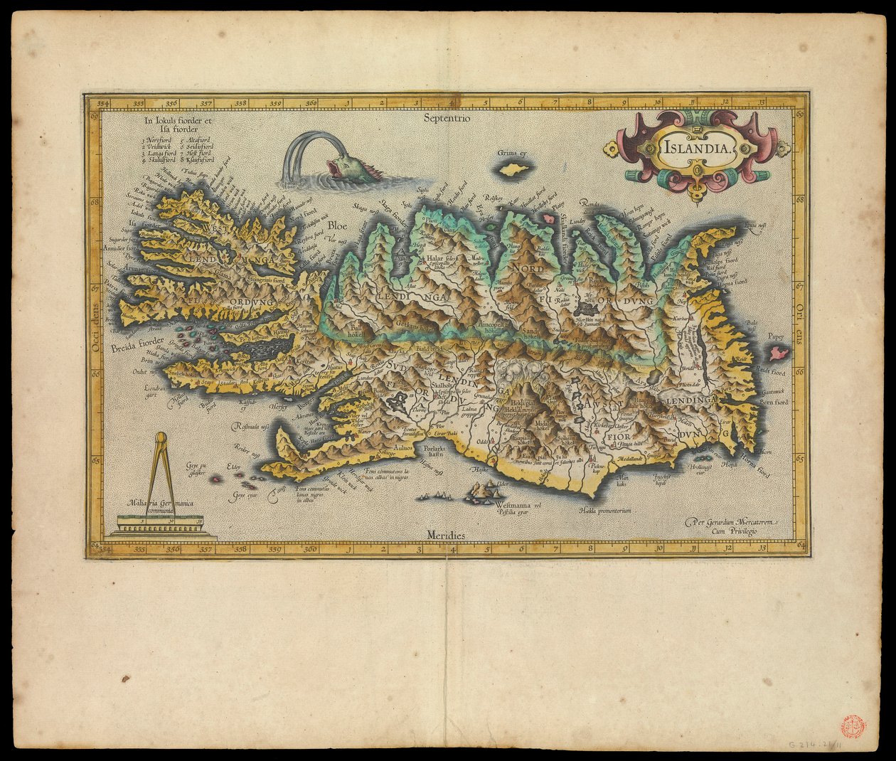 Islandia, Per Gerardum Mercatorem cum privilegio, 1595 körül (tus, akvarell, metszet, papír) alkotó: Gerardus Mercator