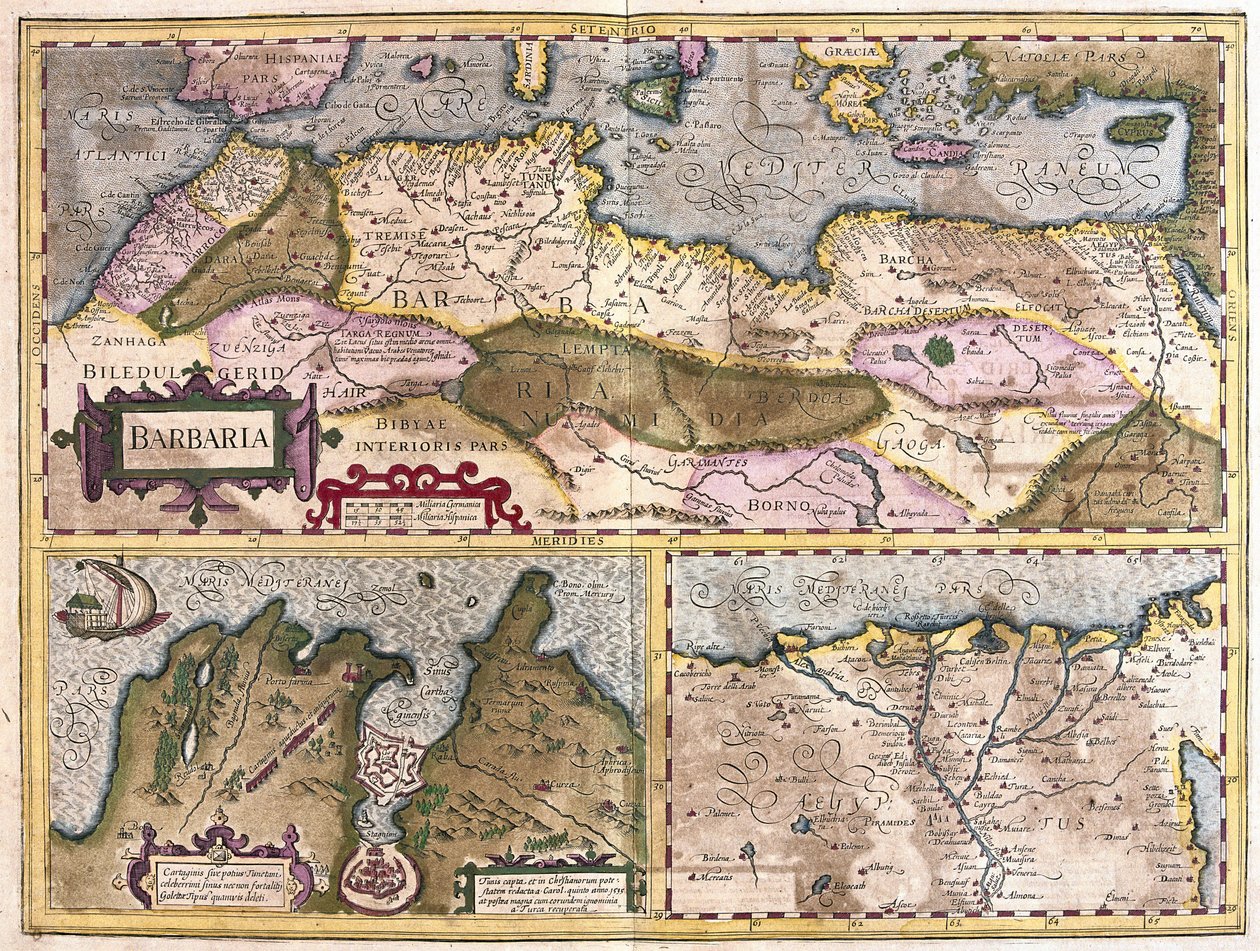 Észak-Afrika Tunisz és a Nílus-delta ostromával (metszet alkotó: Gerardus Mercator