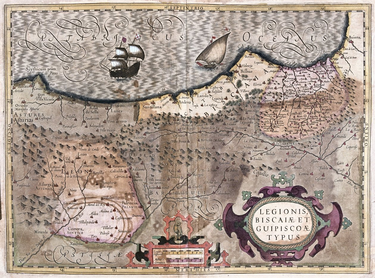 Oviedo, Burgos, Bilbao, Bayonne (Asztúria), Spanyolország (metszet alkotó: Gerardus Mercator