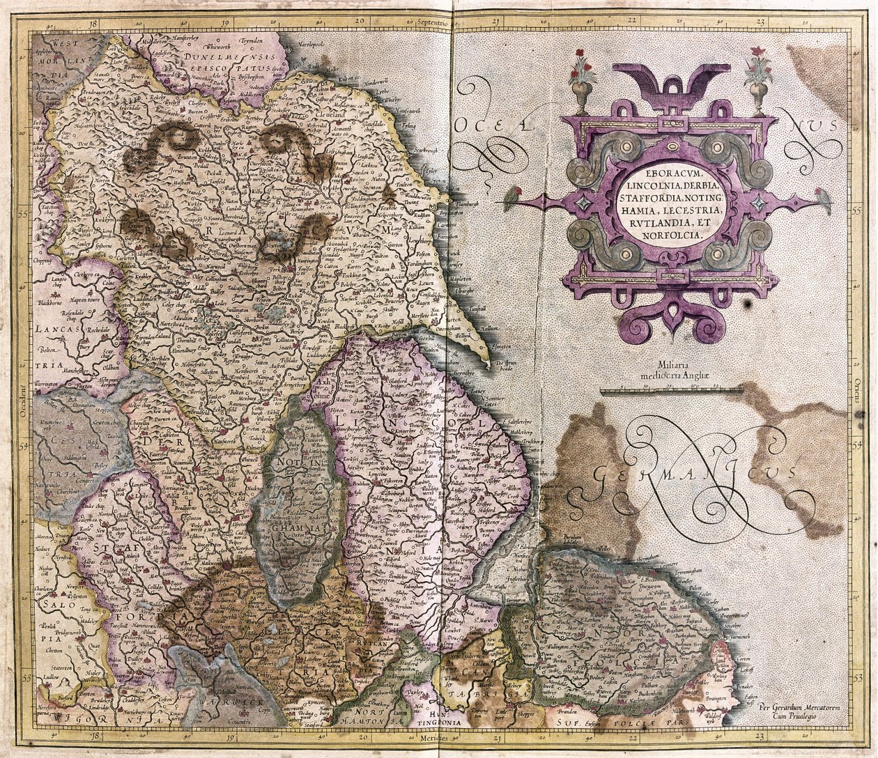 Yorkshire, Lincolnshire, Staffordshire, Nottinghamshire, Leicestershire, Rutland és Norfolf, Nagy-Britannia alkotó: Gerardus Mercator