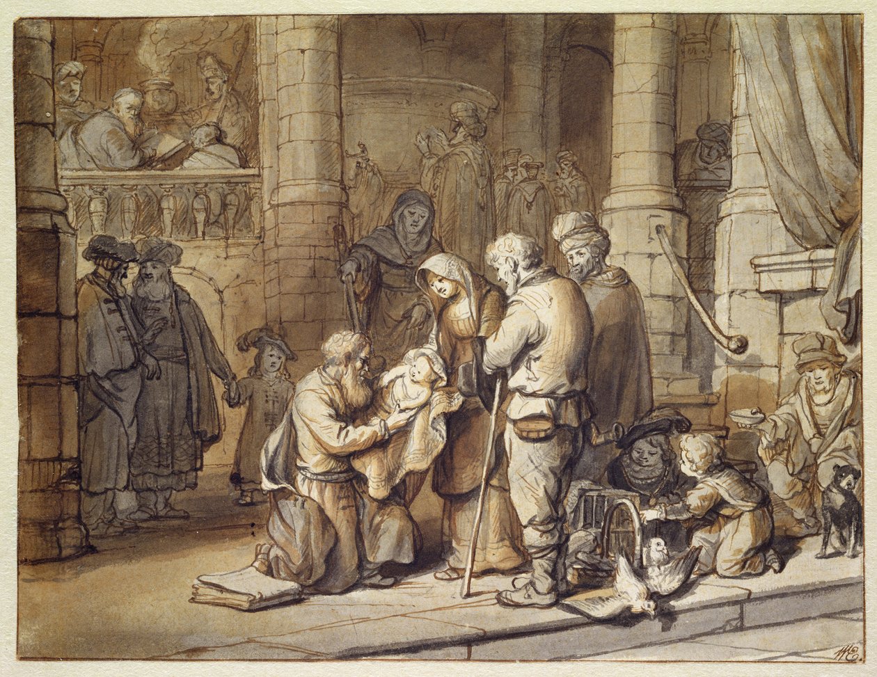 Krisztus bemutatása a templomban (toll, tinta és ecset papíron) alkotó: Gerbrand van den Eeckhout