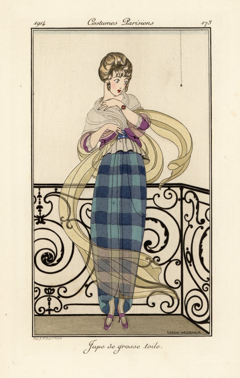 Nő egy nagy toile szoknyában, aki fél egy póktól. alkotó: Gerda Marie Frederike Wegener