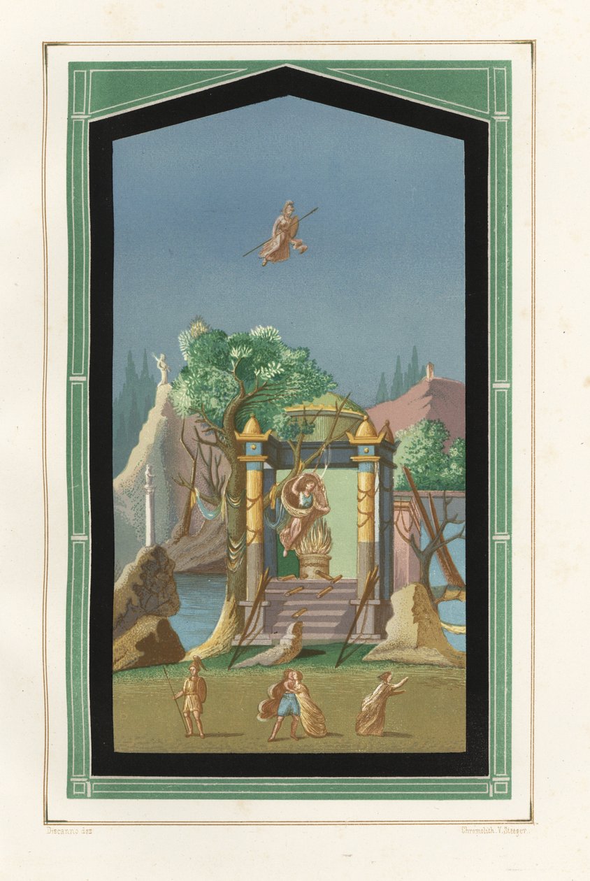 Landscape painting from the Exedra in the House of Vesonius Primus, a fuller. Chromolithograph by Victor Steeger after an illustration by Geremia Discanno from Emile Presuhn (1844-1878) The Most Beautiful Paintings of Pompeii, Leipzig alkotó: Geremia Discanno
