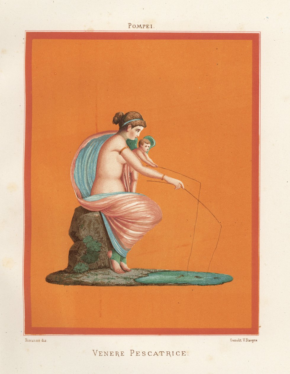 Mural of Venus and cupid fishing with rods from a pond. Found in Regio V.V.3, the House of the Gladiators. Chromolithograph by Victor Steeger after an illustration by Geremia Discanno from Emile Presuhn (1844-1878) The Most Beautiful Paintings of Pompeii,  alkotó: Geremia Discanno