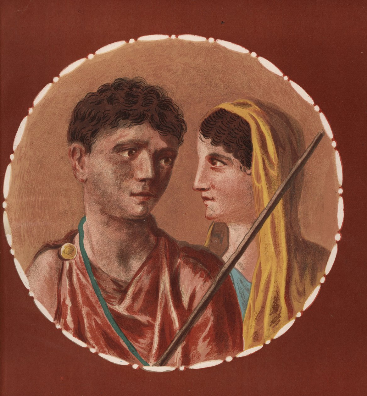 Férfi és nő portréja egy azonosítatlan házból Pompejiben. Victor Steeger kromolitográfiája Geremia Discanno illusztrációja után, Emile Presuhn (1844-1878) Pompei legszebb festményei, Lipcse alkotó: Geremia Discanno