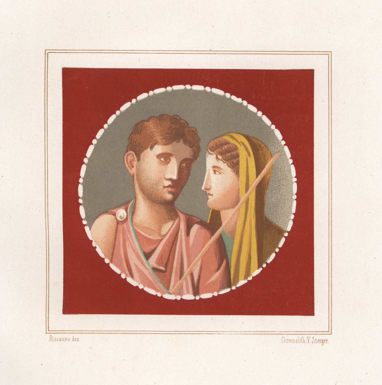 Férfi és nő portréja egy azonosítatlan házból Pompejiben. Victor Steeger kromolitográfiája Geremia Discanno illusztrációja után, Emile Presuhn (1844-1878) Pompei legszebb festményei, Lipcse alkotó: Geremia Discanno