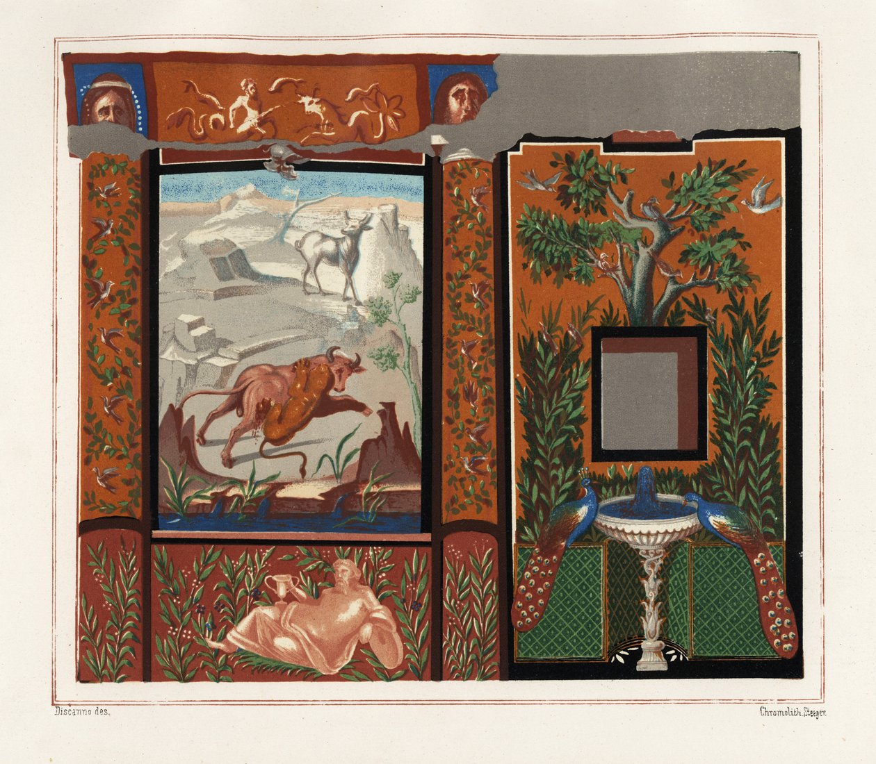 Wall mural in a viridarium (garden) of a tiger attacking a bull, and peacocks on a fountain, from the House with the Inscribed Pictures, Regio V, Insula I, N. 18. Chromolithograph by Victor Steeger after an illustration by Geremia Discanno from Emile Presu alkotó: Geremia Discanno