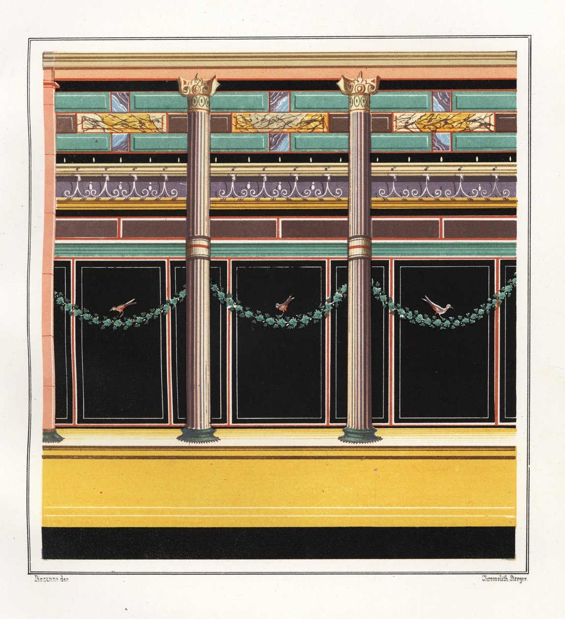 Wall painting from a room in the House of the Epigrams. V, Ins. 1, No. 18. Chromolithograph by Victor Steeger after an illustration by Geremia Discanno from Emile Presuhn (1844-1878) The Most Beautiful Paintings of Pompeii, Leipzig alkotó: Geremia Discanno
