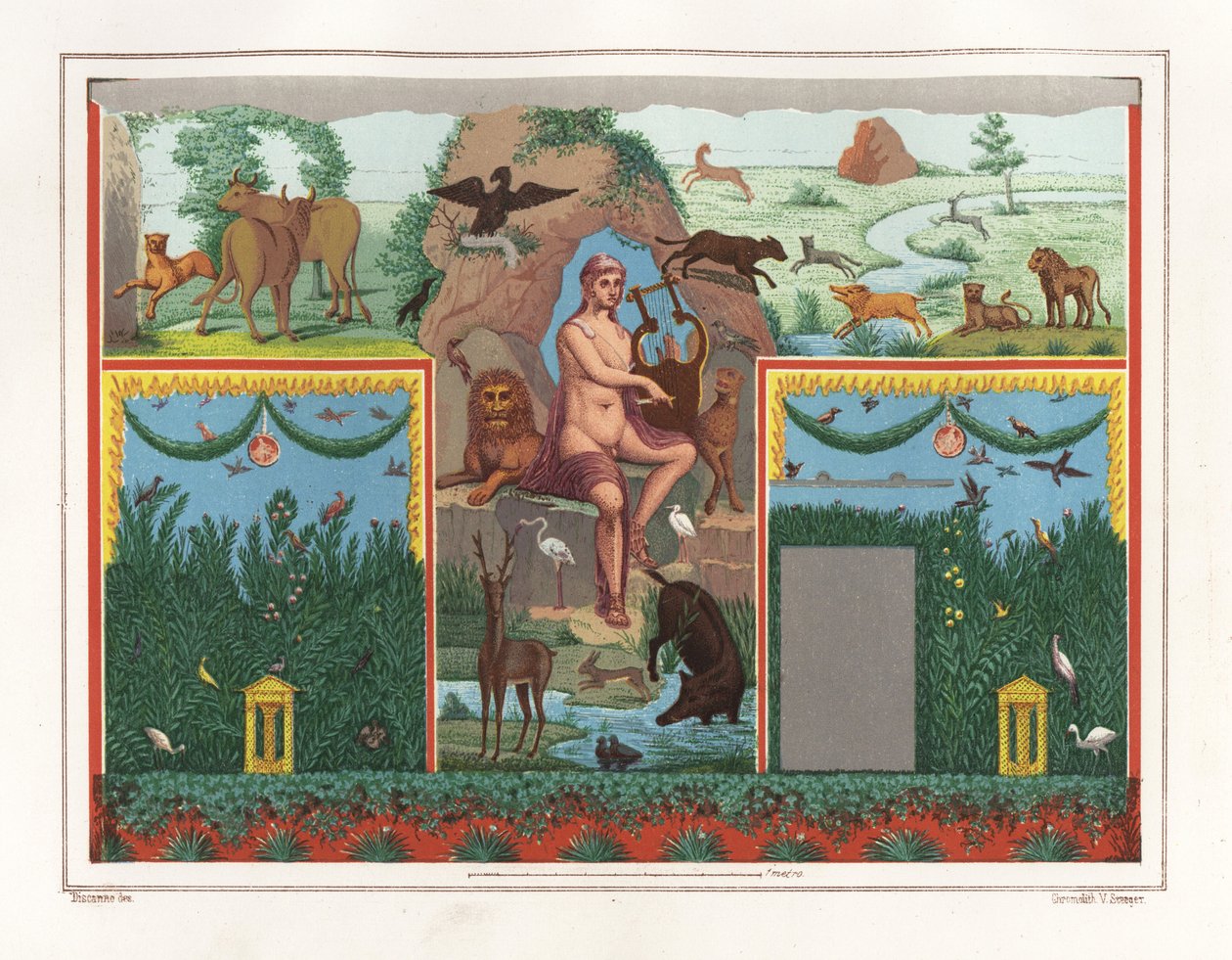 Orpheus falfestménye lírával a Vesonius Primus ház viridáriumából (kertjéből), egy fuller. Állatok veszik körül, köztük oroszlán, puma, vaddisznó, szarvas, nyúl és kék flamingó. Victor Steeger kromolitográfiája illusztráció után alkotó: Geremia Discanno