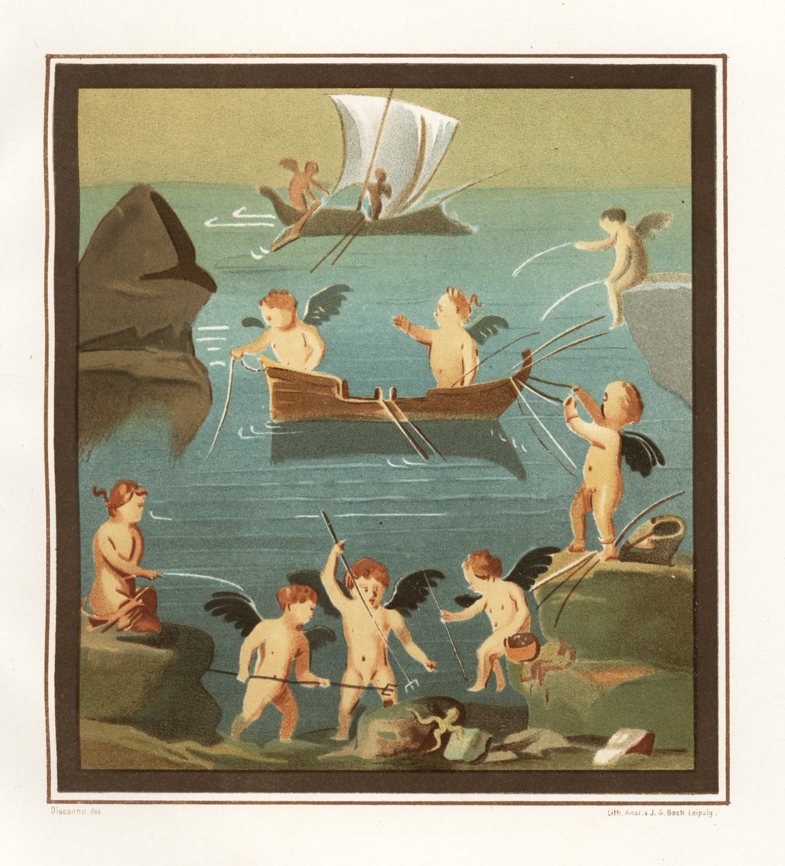 Falfestmény cupidókról, akik játszanak, horgásznak, vitorláznak egy kubiculumból az Étterem Házában (Casa di Lupanare Piccolo) 14, Regio IX, Insula V. Chromolithograph by J.G. Bach Geremia Discanno illusztrációja után Emile Presuhntól (1844-1878) T alkotó: Geremia Discanno